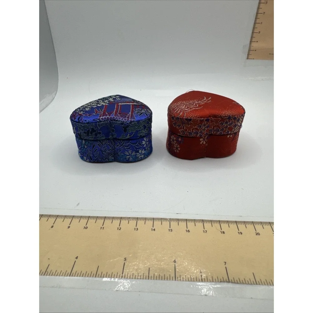 Set Of 2 Asian Ring Jewelry Box Compact Fabric Floral Portable - Heart Shaped
